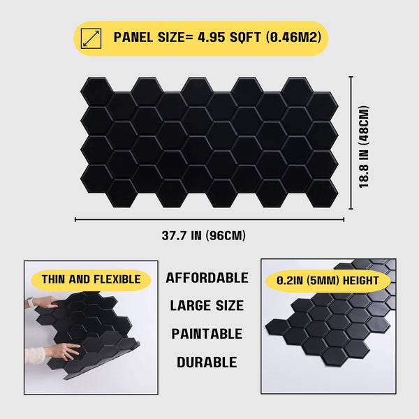 10pcs(53sqft) 3D Wall Panels, Kitchen Backsplash, Wall Tiles, Accent Wall Panels, Wall Panels for Interior Wall Decor, PVC Wall Panel, Backsplash Tile, Wall Paneling, ( Black Hexagon)