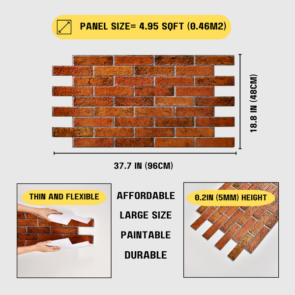 10pcs (53sqft)3D Wall Panels for Interior Decor (Red Brick)