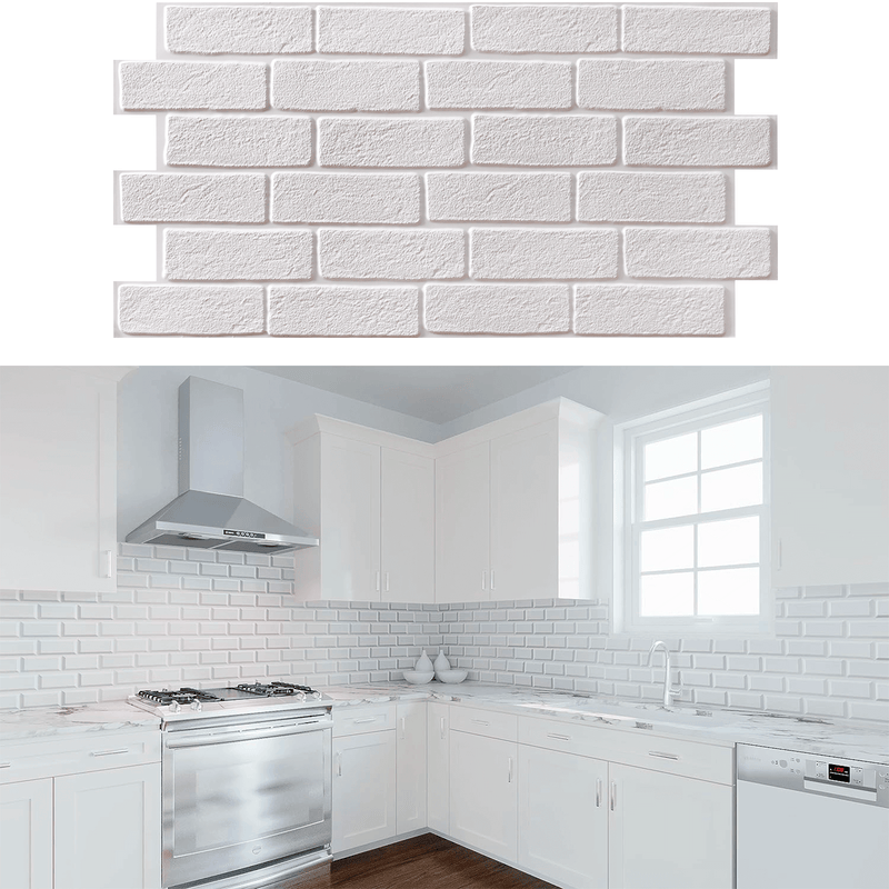 brick 3D wall tiles white kitchen
